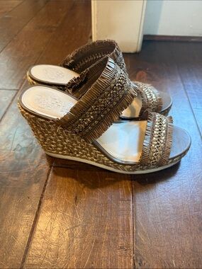 Vince Camuto Tan Braided Fringe Wedge Sandals